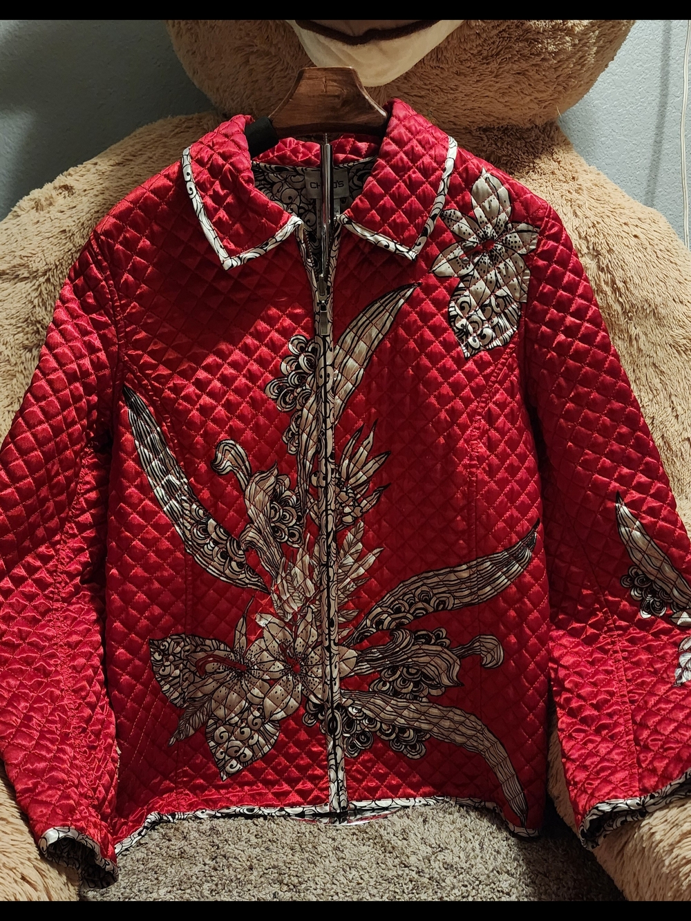 Chico's Red Quilted Zip-Front Jacket with Floral Appliqué